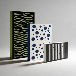 Akoestische panelen met diffuserfront in verschillende kleuren en patronen