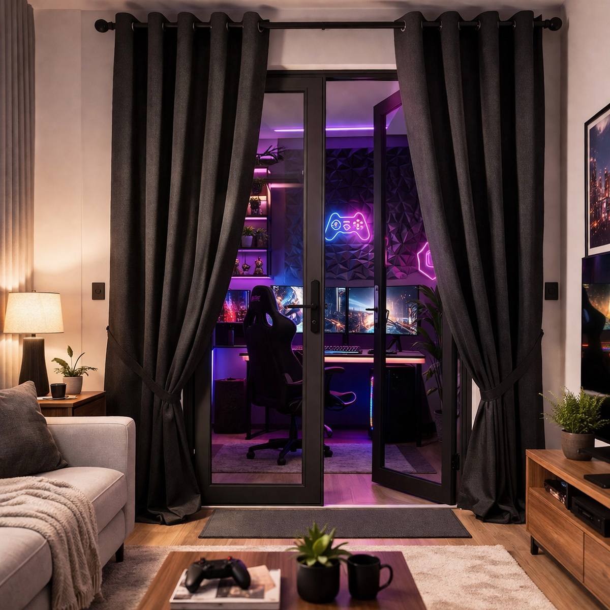 Tesla woonkamer Thermische deurgordijn gamerkamer - Deze afbeelding is een illustratie