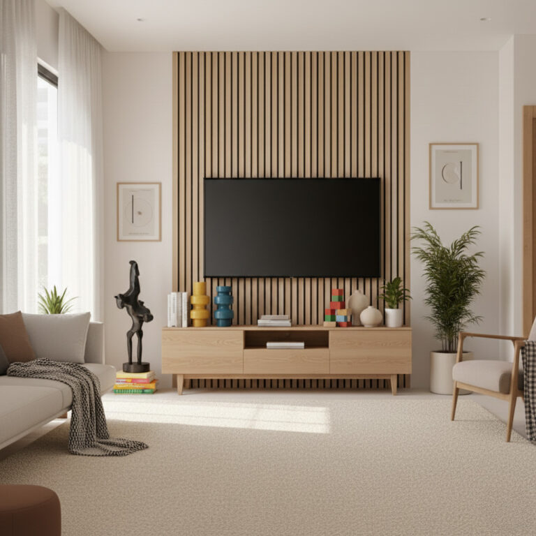 Moderne woonkamer met akoestische lamellenpanelen achter de TV
