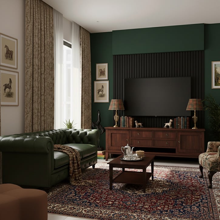 Akoestische panelen van zwart hout achter de TV in een klassieke woonkamer