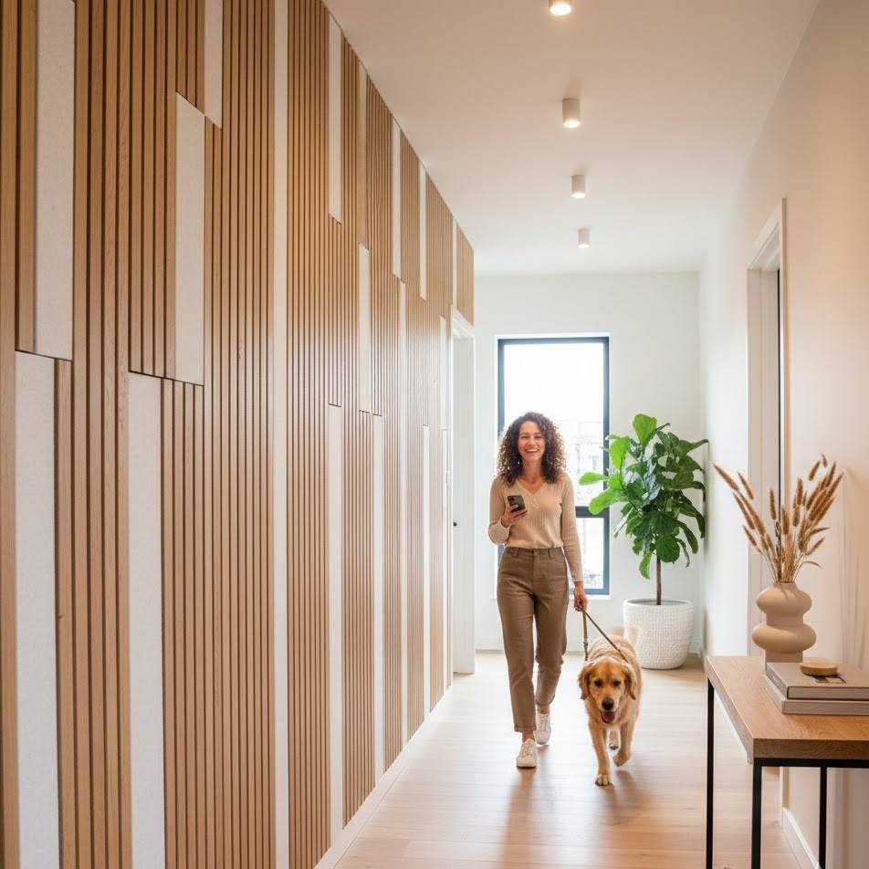 appartement geluidsisolatie gang met decoratieve wandpanelen