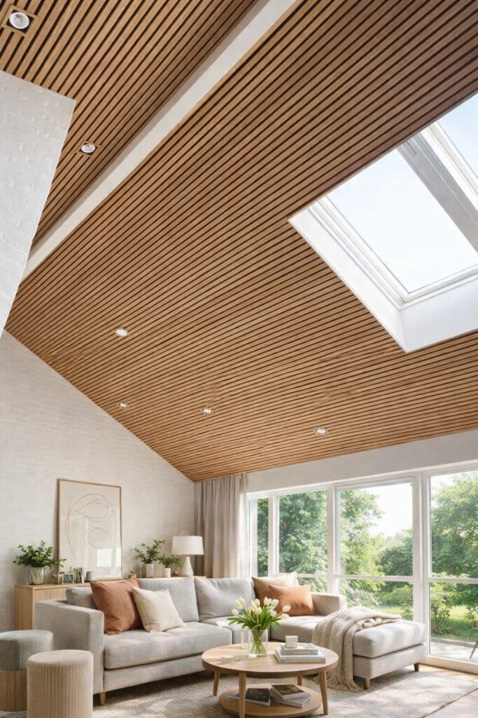 Dunne geluidsisolatie plafond met houten lattenplafond in moderne woonkamer
