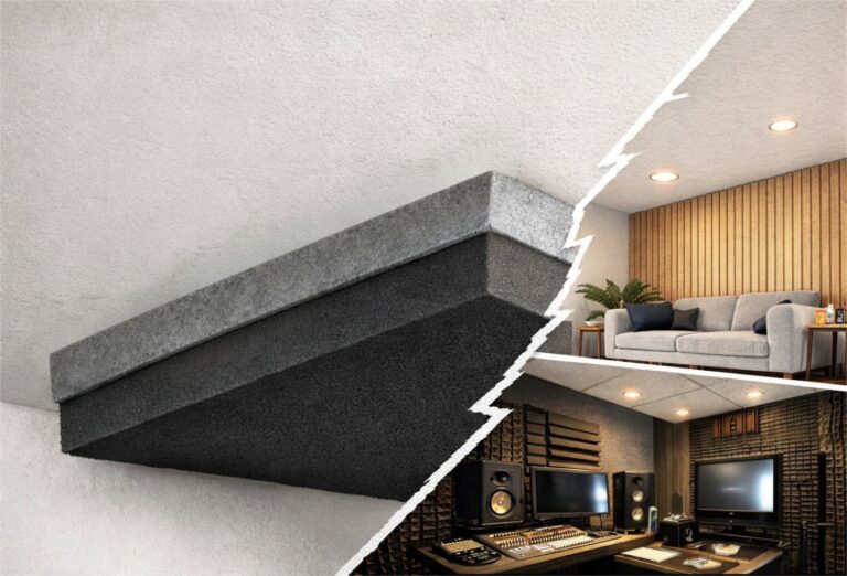 Dunne geluidsisolatie plafond met multilaag systeem in woonkamer en studio
