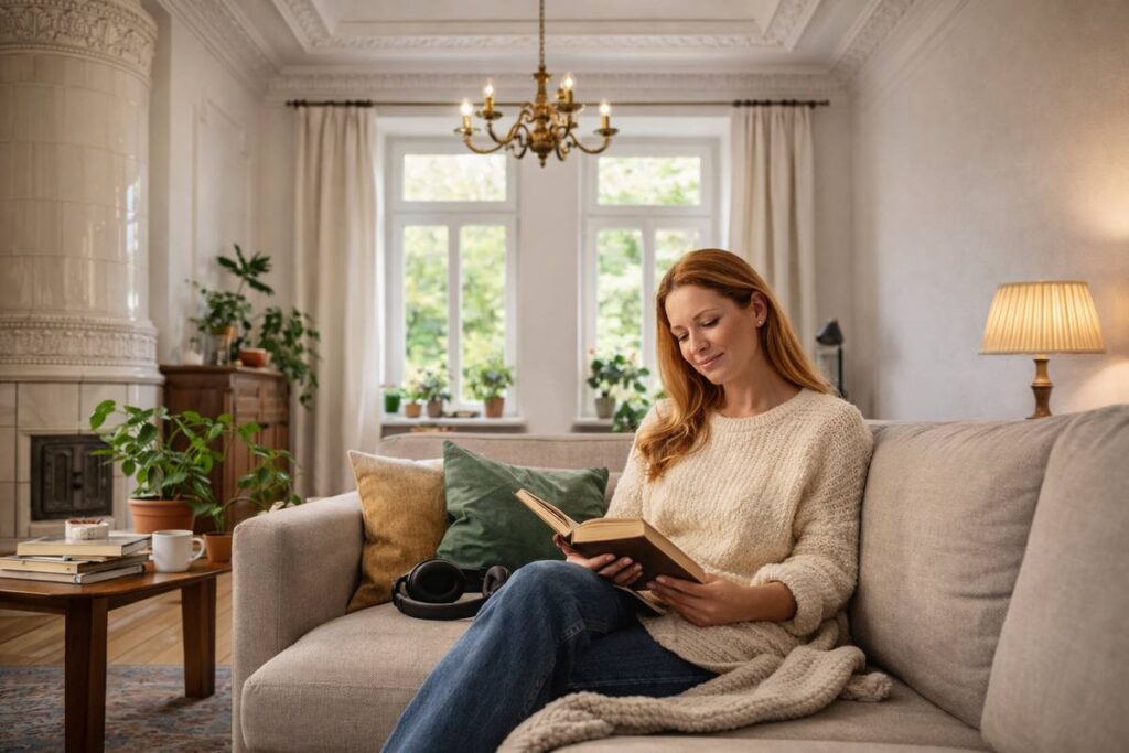 huis geluidsisolatie woonkamer rustige leesomgeving met akoestische comfort