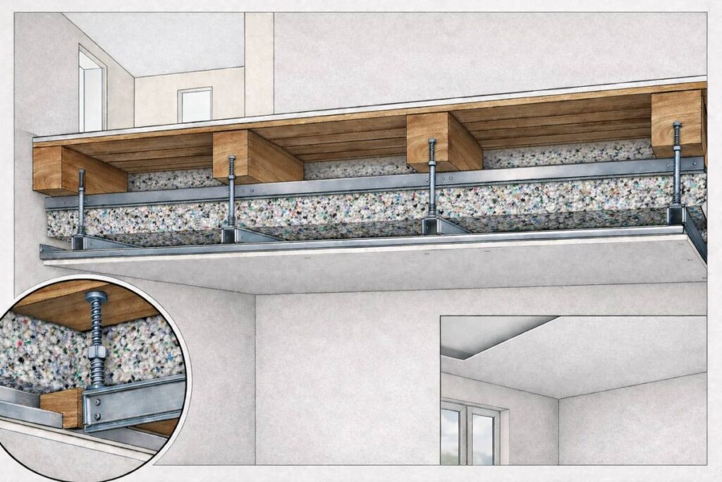 zwevende vloerconstructie met geluidsisolatie voor houten structuur