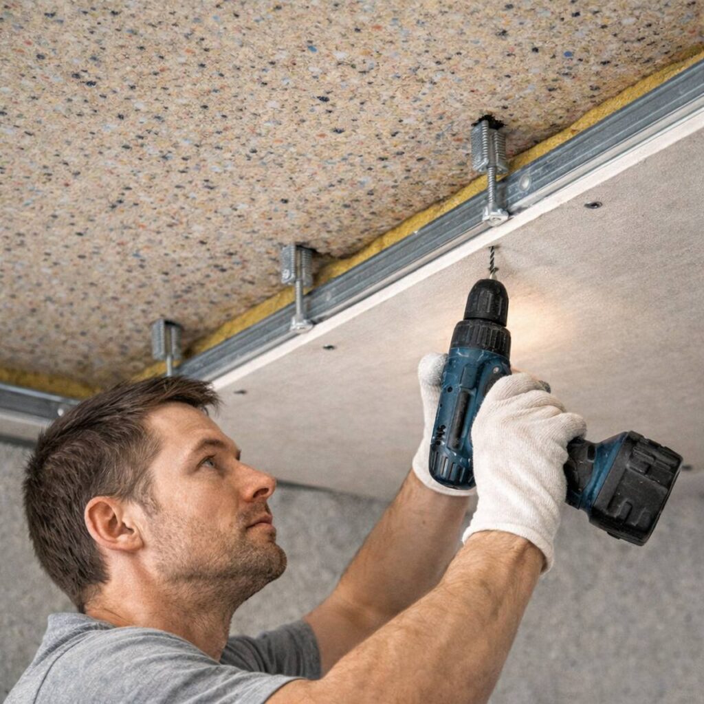 Montage van Elitexa extra dichte geluidsisolerende schuim in verlaagd plafond met elastische ophanging